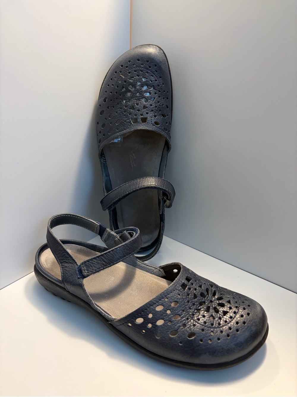 Naot Navy Perforated Leather Slingback Flats